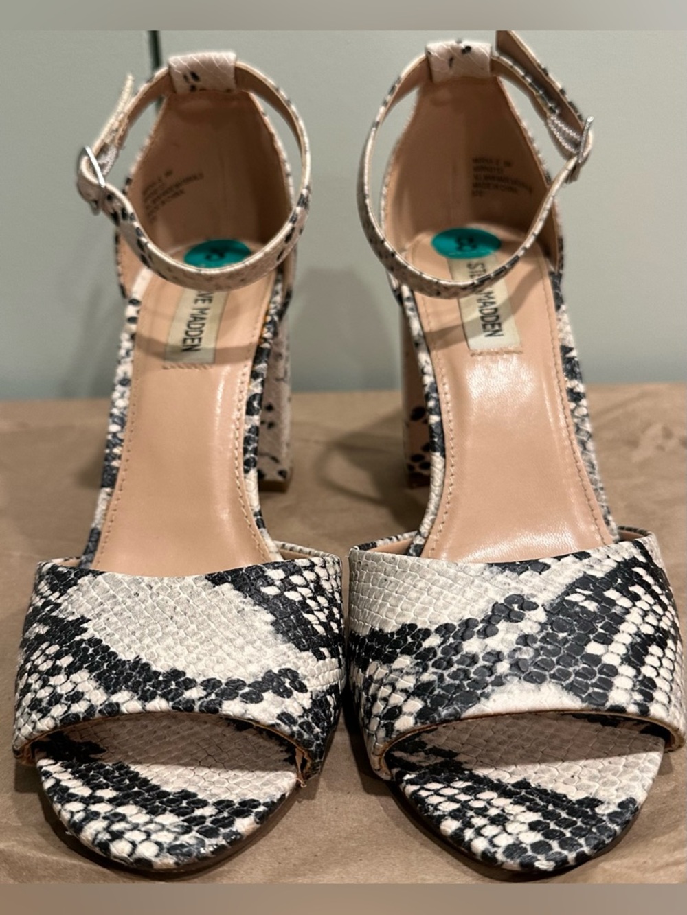 Steve Madden Black and White Snakeskin Block Heel Sandals